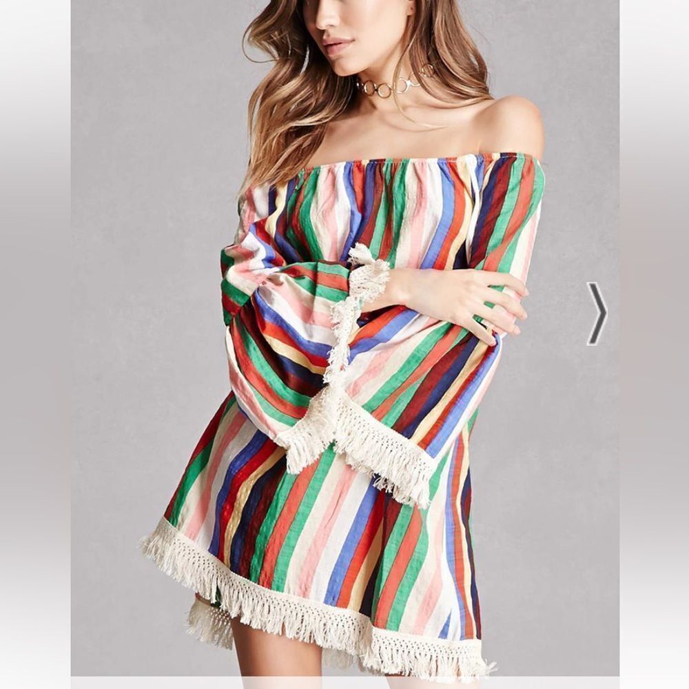 Velzera Striped Fringe Off the‎ Shoulder Wide Sleeve Mini Dress Size Medium
